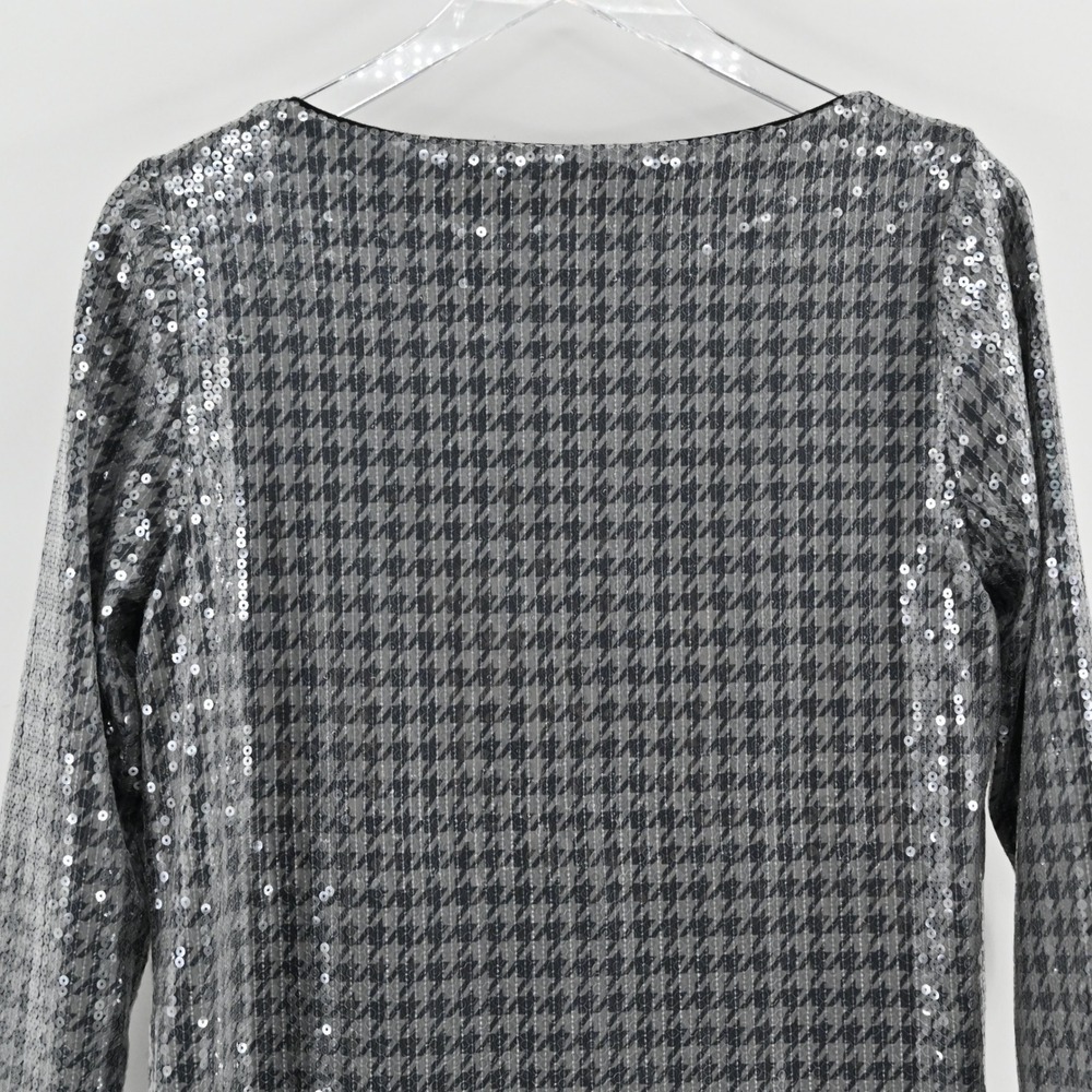 Chicos Womens Sequin Houndstooth Top Size S Silver Black Long Sleeve Tunic Glam - Picture 10 of 13
